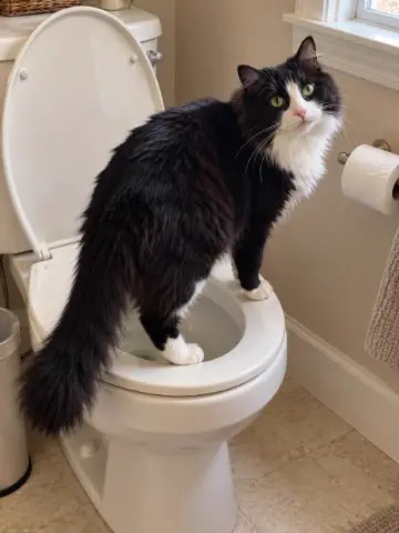 Black and white cat standing on a toilet seat